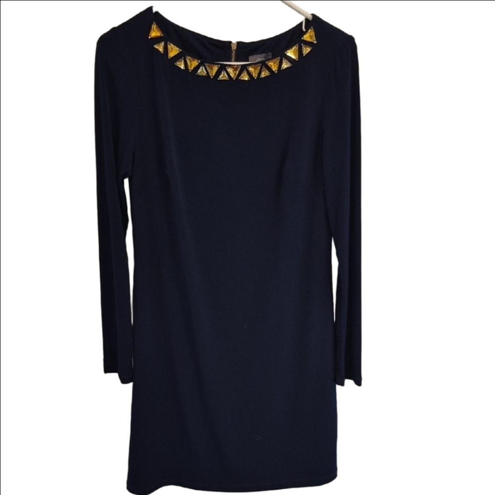 Vince Camuto Elegant Navy Knit Dress with Gold Crystal Accents